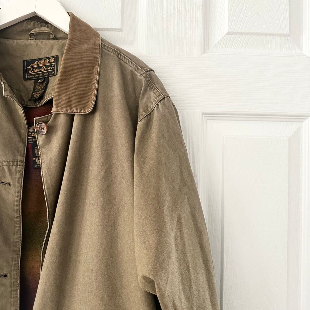Eddie Bauer Khaki Vintage 80s Chore Jacket Tan Corduroy Collar Cuffs MP Lined - Picture 6 of 10